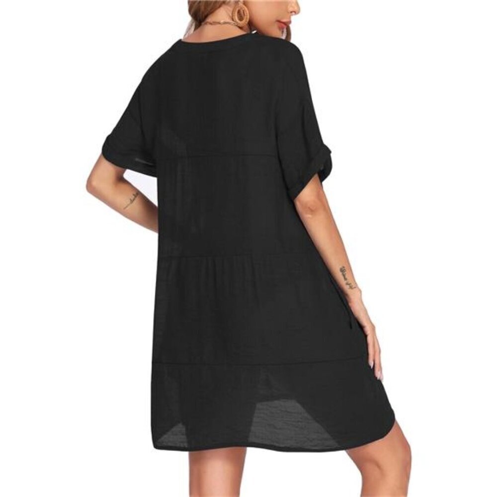 Women's Beach Cover Up Dress V-Neck Short Sleeve A-Line Swimsuit Bikini - Picture 4 of 7